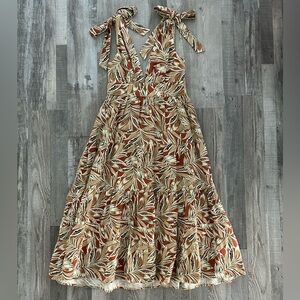 House of Harlow 1960 Rust and Beige Leaf-Print Tie-Shoulder Maxi Dress, Size S